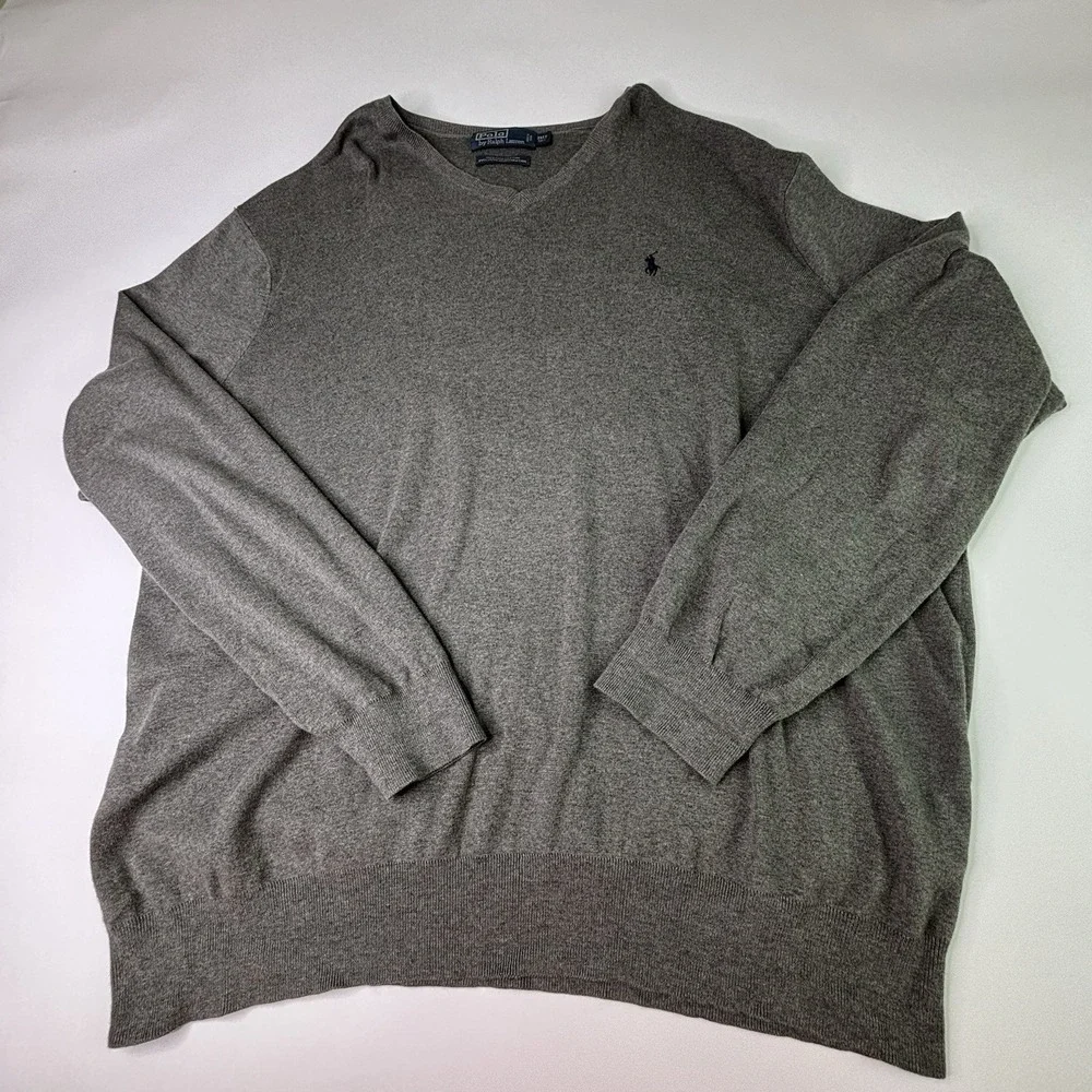 Polo Ralph Lauren Sweater Mens 3XLT Gray Pima Cotton Knit V-Neck Pullover